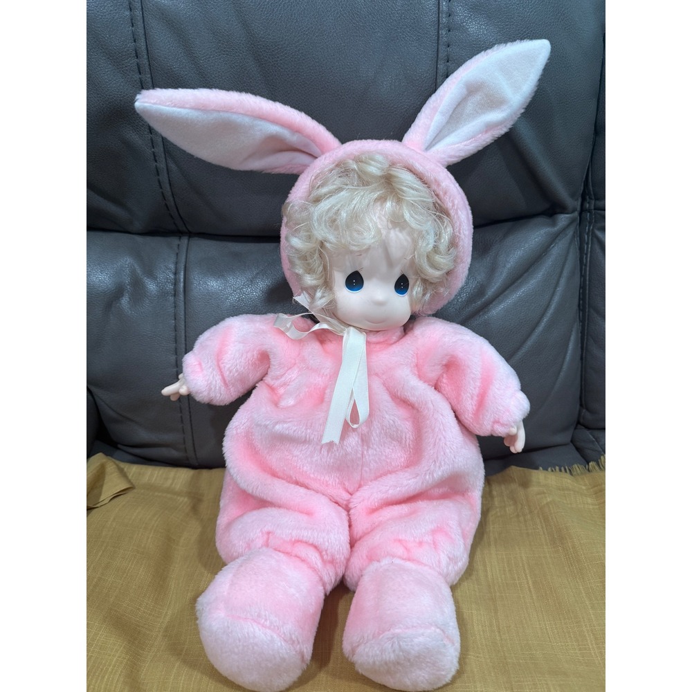 Precious Moments Porcelain Doll Pink Bunny‎ Rabbit Plush Onesie Blonde Hair Blue
